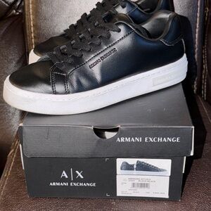 Armani Exchange Black Leather Sneakers with White Sole